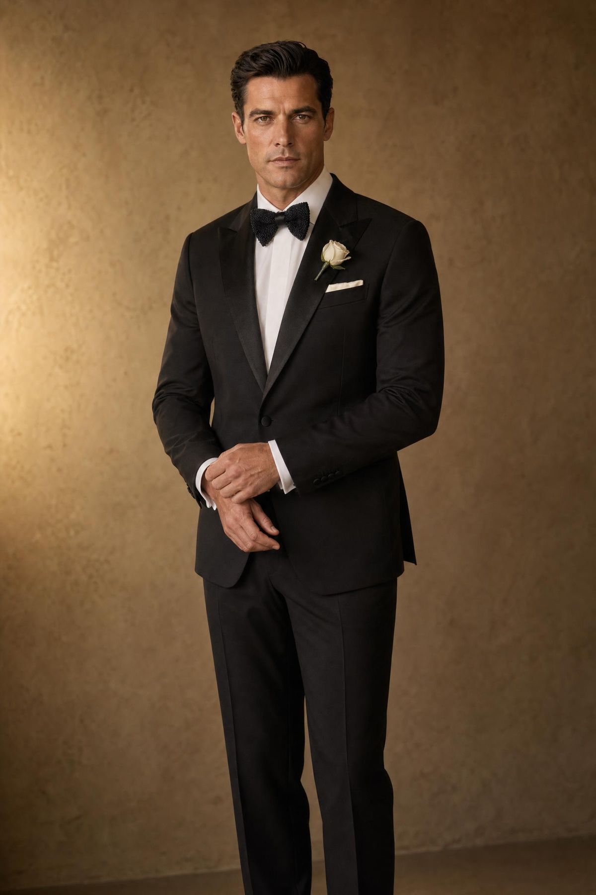 A groom in a black peak-lapel dinner jacket with satin lapels, a knitted bow tie, white pocket square and ivory rose boutonniere