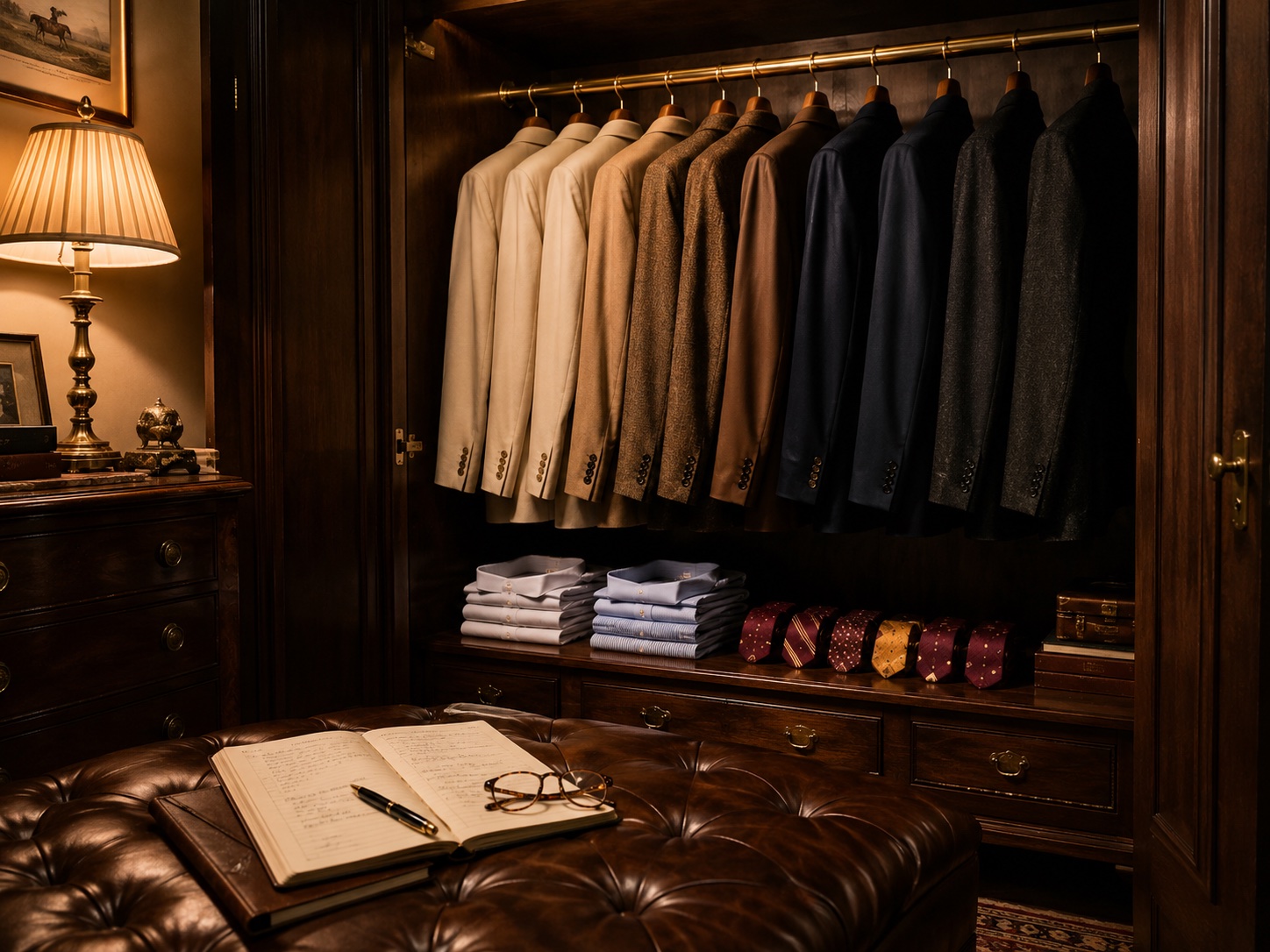 A gentleman's wardrobe arranged light to dark, a notebook open mid-inventory on the bench