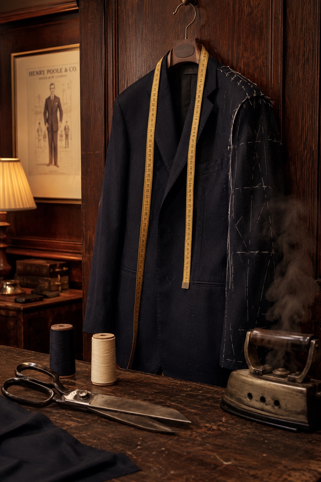 A navy jacket pinned for alteration — basted, chalked, and hung above the pressing bench
