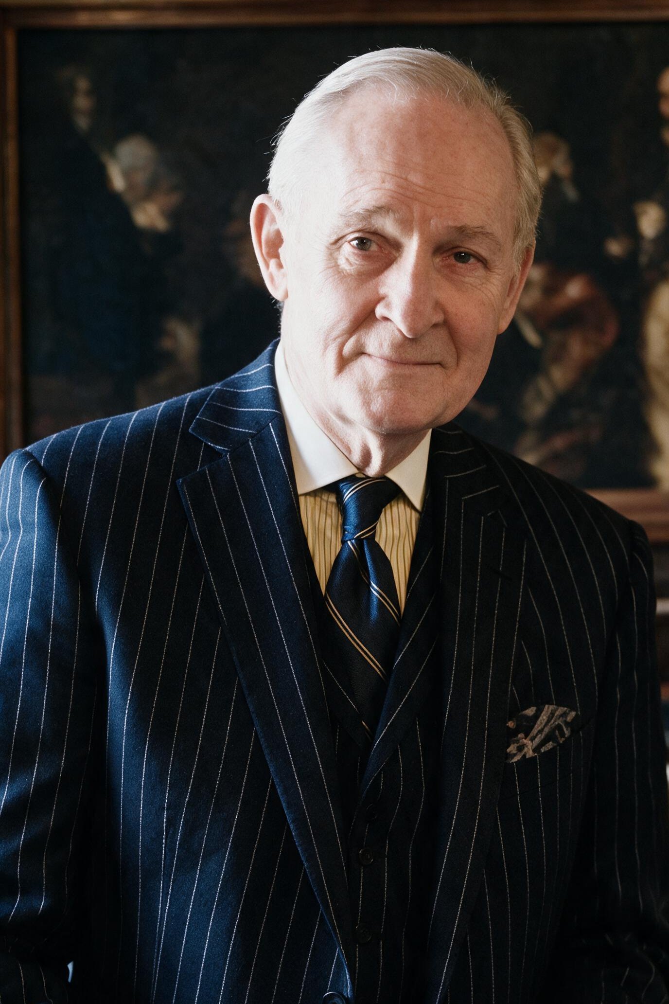 Bill Jordan in a navy pinstripe three-piece suit and striped tie, seated before an oil painting
