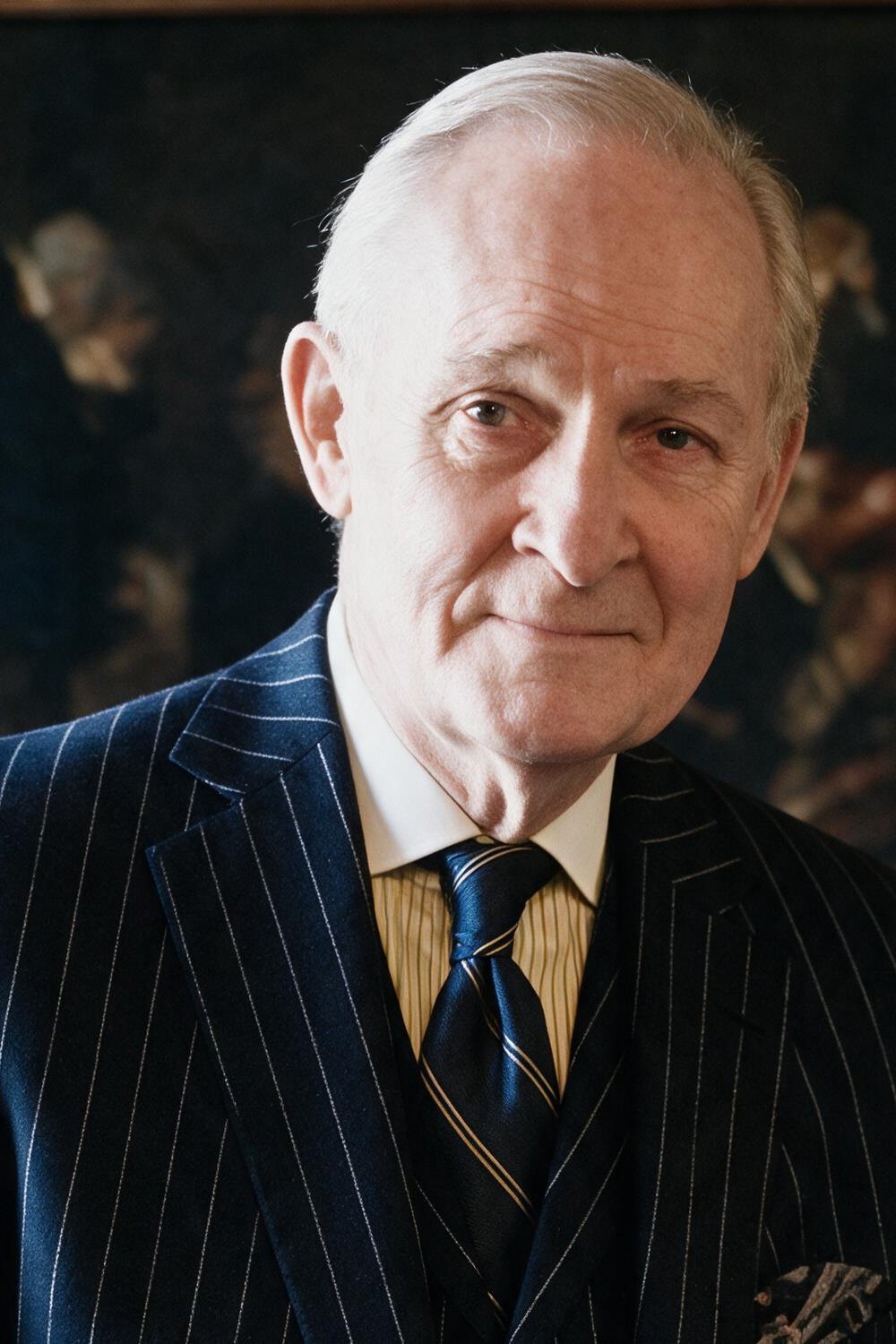Bill Jordan, a close portrait in his navy pinstripe suit and striped tie